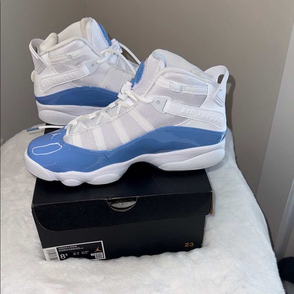 Men's Jordan 6 Rings Athletic Sneakers in White and Light Blue